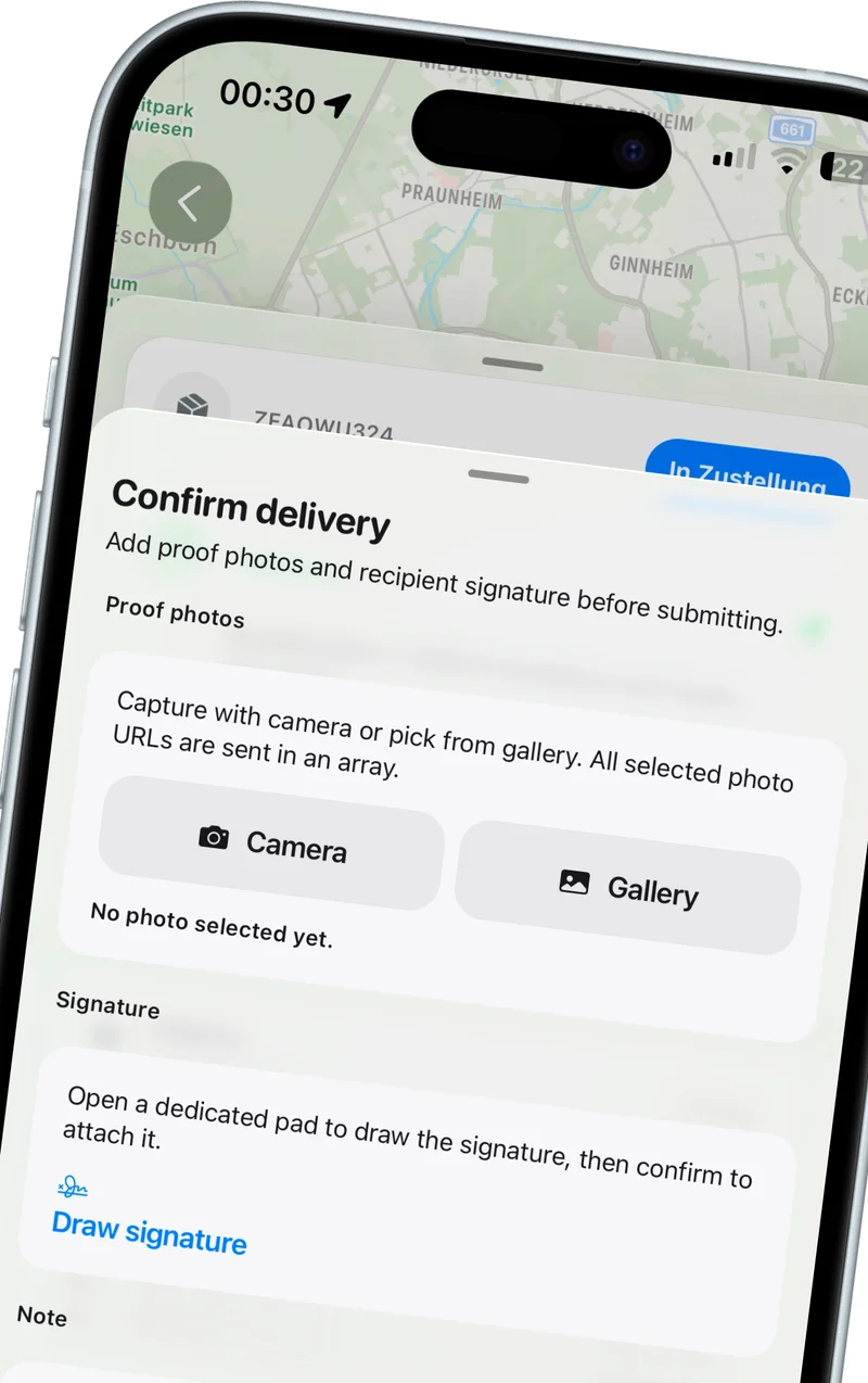 FalcGo-Fahrer-App auf einem iPhone: Zustellbestätigung über der Routenkarte mit Auswahl für Kamera und Galerie, Unterschriftfeld und Notizfeld