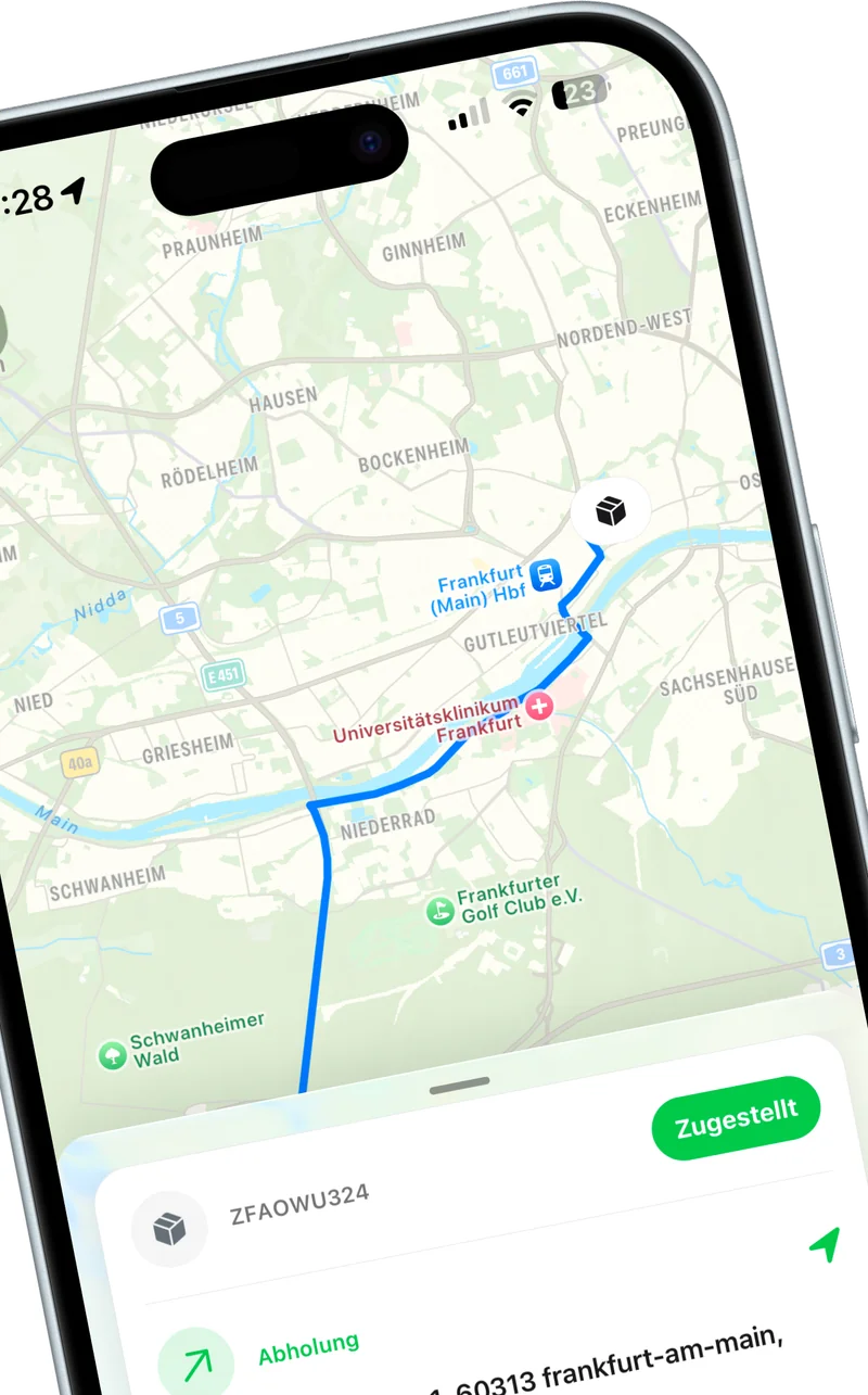 FalcGo-Fahrer-App auf einem iPhone: Routenkarte durch Frankfurt, darunter die Demo-Sendung ZFAOWU324 mit Abholung und dem Status „Zugestellt“