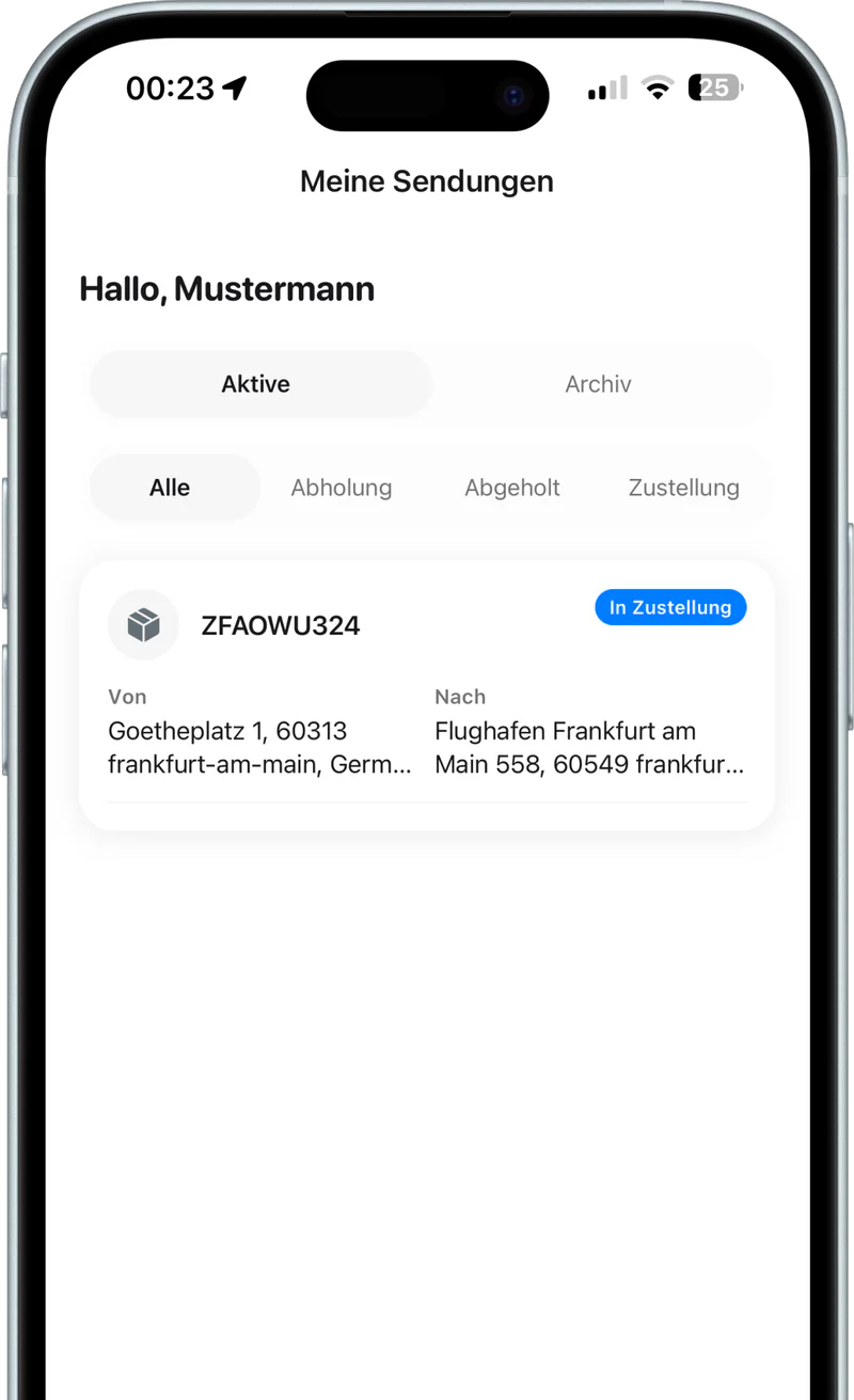 FalcGo-Fahrer-App auf einem iPhone: Liste der aktiven Sendungen mit Filtern für Abholung, Abgeholt und Zustellung sowie einer Demo-Sendung im Status „In Zustellung“