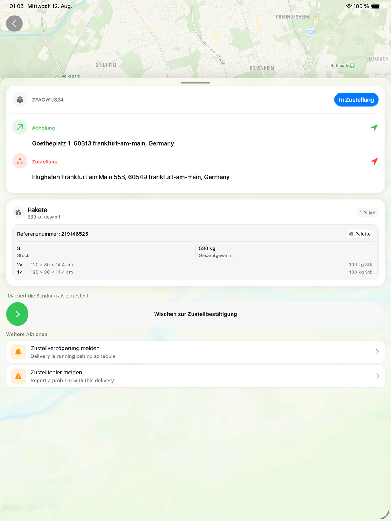 Sendungsdetail der FalcGo-Fahrer-App auf dem iPad mit Karte, Adressen, Packstücken und Wischbestätigung für die Zustellung