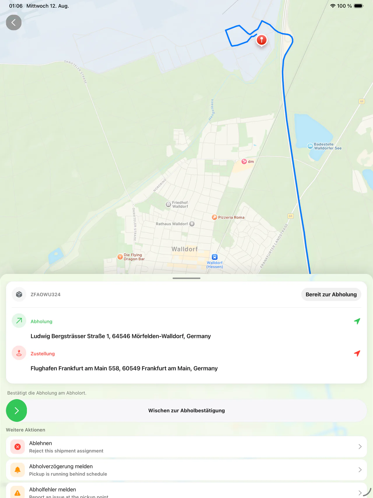 FalcGo-Fahrer-App auf dem iPad mit Routenkarte, Abholadresse und Wischbestätigung für die Abholung