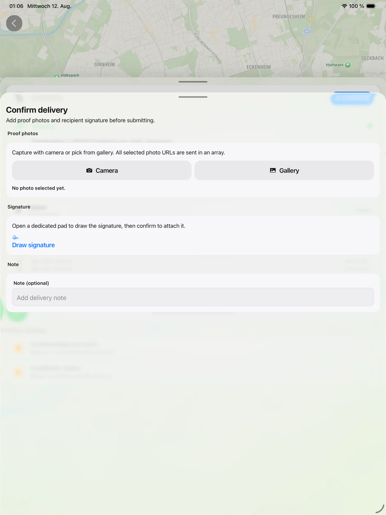 Zustellbestätigung der FalcGo-Fahrer-App auf dem iPad mit Belegfotos, Unterschriftfeld und Notiz
