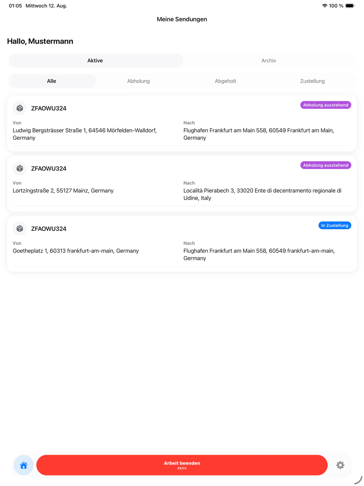 Sendungsliste der FalcGo-Fahrer-App auf dem iPad mit drei synthetischen Demo-Sendungen und Statusfiltern