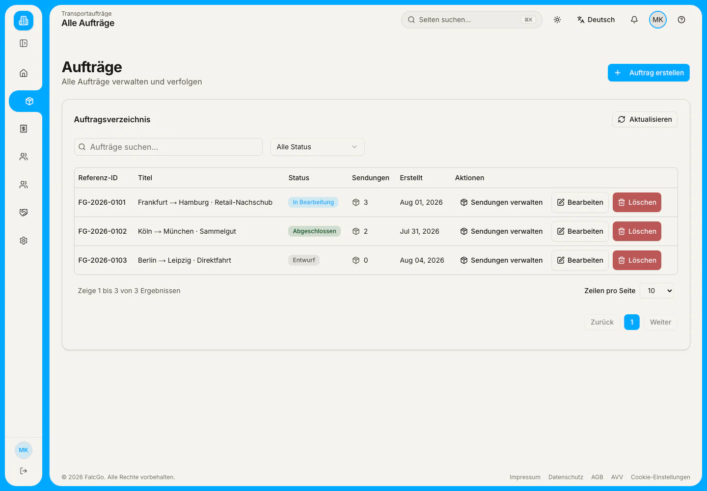 FalcGo-Auftragsverzeichnis mit Suche, Status und drei synthetischen Demo-Aufträgen
